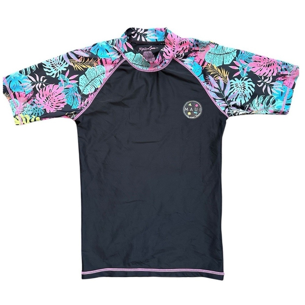 Maui and Sons Rash Guard Swim Shirt Medium Black Tropical Print UPF 50+